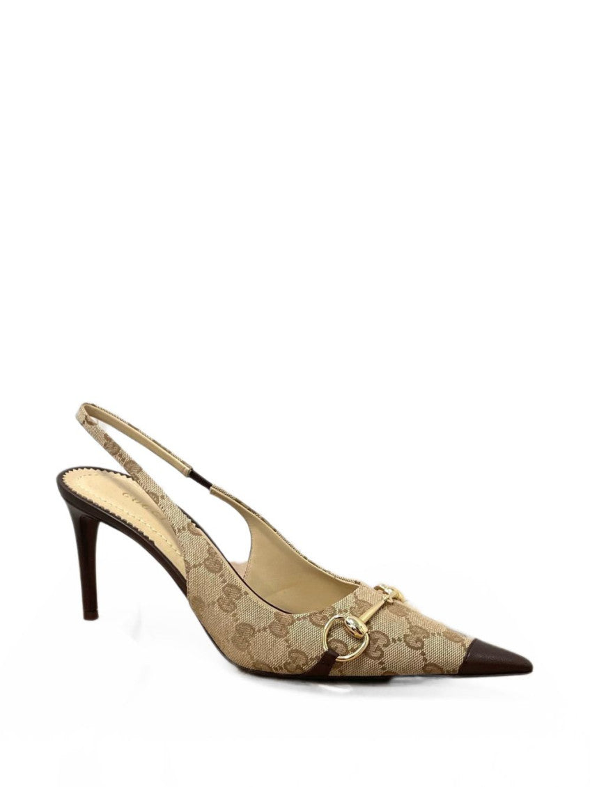 Beige Logo Horsebit Pumps 1